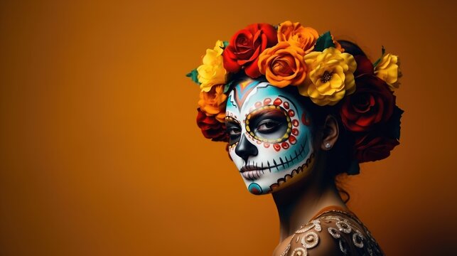 Dia de los muertos, Mexican holiday of the dead and halloween. Woman with sugar skull make up and flowers.
