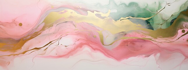 Banner with fluid art texture. Backdrop with abstract mixing paint effect. Liquid acrylic artwork that flows and splashes. Mixed paints for interior poster. Emerald green, gold and pink colors