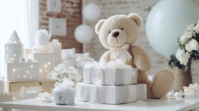a beautifully arranged stack of baby diapers on a table, accompanied by an adorable toy teddy bear. The scene is set with delicate touches for both boys and girls, offering a charming backdrop - Powered by Adobe