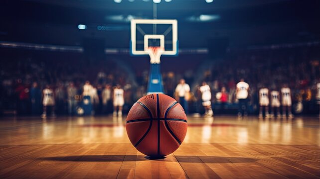 the intense moment of a basketball player soaring through the air, about to execute a powerful slam dunk, with the court arena in the background.