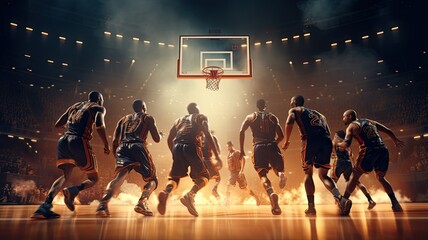 the intense moment of a basketball player soaring through the air, about to execute a powerful slam dunk, with the court arena in the background.