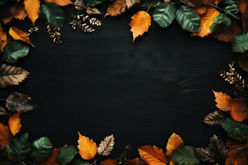 Autumn or winter frame with dry colorful leaves. Thanksgiving and Harvest day trendy dark background with beautiful leaves. Fall leaf border with copy space