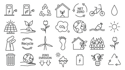 Icon collection with zero emission symbol concept. greenhouse gas carbon credit design set. protect ecological green vector outline. carbon net zero neutral natural. carbon footprint art pictogram