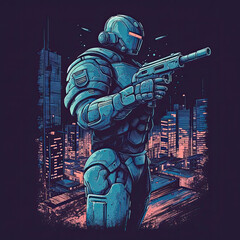 a robot holding a gun in front of a city, cyberpunk art. retrofuturism, synthwave, retrowave, futuristic style drawing.