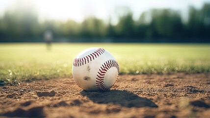 a pristine baseball resting on the infield grass, highlighting the details of the baseball's stitching and texture. The scene conveys the excitement and readiness for a game.