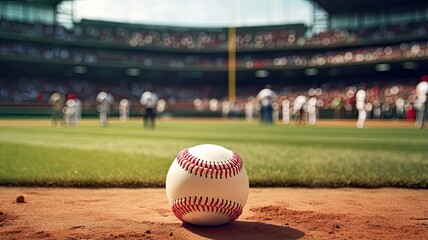 a pristine baseball resting on the infield grass, highlighting the details of the baseball's stitching and texture. The scene conveys the excitement and readiness for a game.