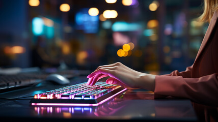 female gamer gamer using keyboard for game online - obrazy, fototapety, plakaty