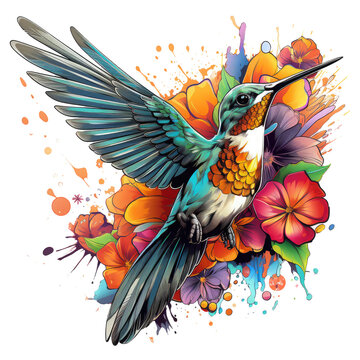 A whimsical hummingbird flower t-shirt design, the hummingbird hovering playfully above the flower, graffiti, vector sticker art, Generative Ai
