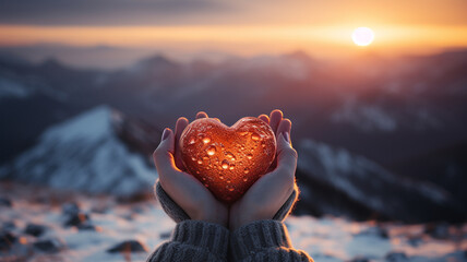 hands holding heart shape on sunset background - Powered by Adobe