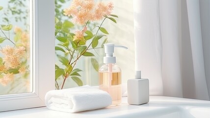 Obraz na płótnie Canvas a soap dispenser, spa towel, and other bathroom accessories meticulously arranged on a pristine pastel countertop within a minimalist, white bathroom. The scene exudes the tranquility of a spa retreat