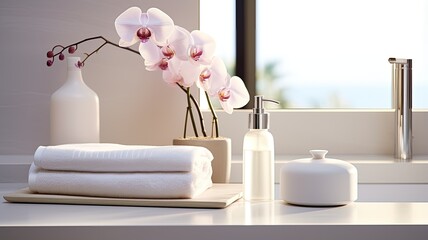 a soap dispenser, spa towel, and other bathroom accessories meticulously arranged on a pristine pastel countertop within a minimalist, white bathroom. The scene exudes the tranquility of a spa retreat