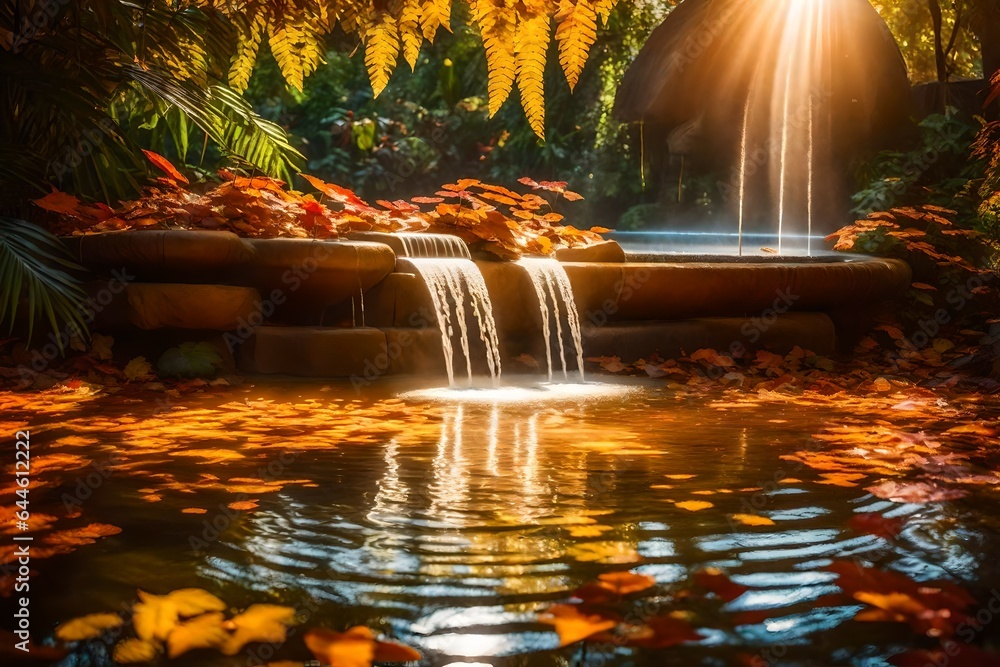 Wall mural Within the heart of the autumn jungle, a water fountain exudes tranquility. AI Generative