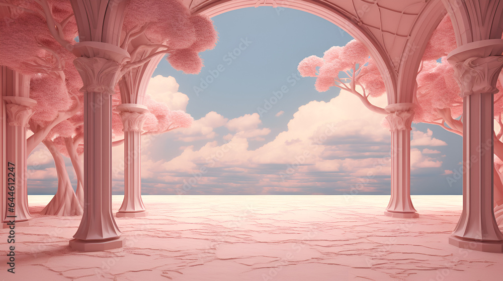 Wall mural archway frame with trees and a view in sky, in the style of surrealistic futuristic, pink and beige, trompe l'oeil compositions, interior scenes. Generative AI.