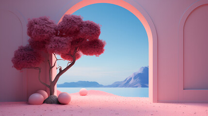an archway and a tree in the background, in the style of surreal 3d landscapes, pink and azure, indoor still life. Generative AI.