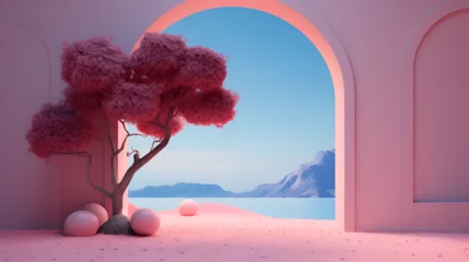 Foto op Aluminium an archway and a tree in the background, in the style of surreal 3d landscapes, pink and azure, indoor still life. Generative AI. © Milito