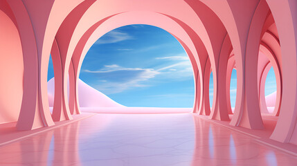 an arched hallway in an asian desert, in the style of surrealistic landscape, pink and azure, interior scenes. Generative AI.