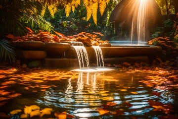 Within the heart of the autumn jungle, a water fountain exudes tranquility. AI Generative
