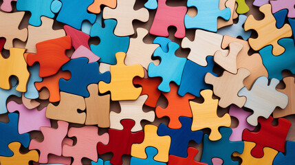 Scattered multi coloured jig saw puzzle pieces