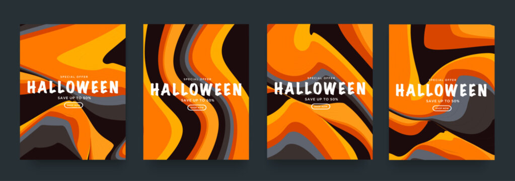 Set Psychedelic Halloween Background. Trendy Gradient Design Liquid in Orange, Yellow, Brown, Black Colors. Discount Offer 50%. Abstract Pattern for Advertising, Web, Poster, Banner, Cover.