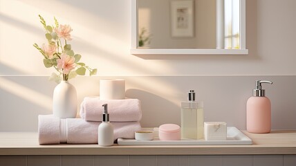 a soap dispenser, spa towel, and other bathroom accessories meticulously arranged on a pristine pastel countertop within a minimalist, white bathroom. The scene exudes the tranquility of a spa retreat