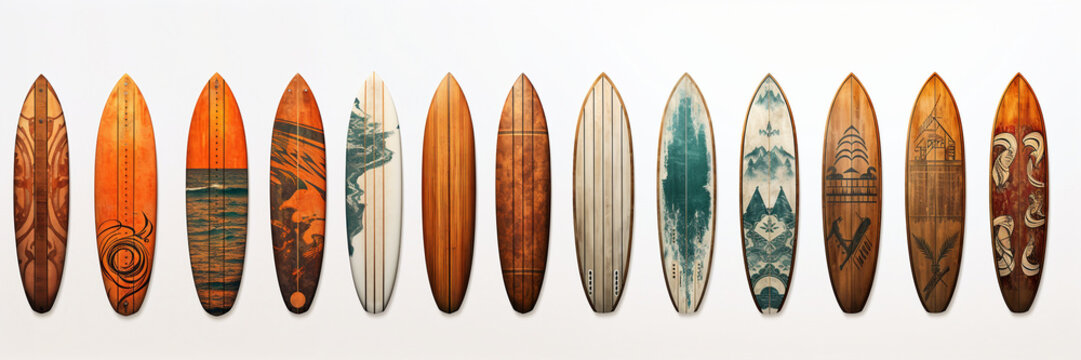 Vintage Wooden Fishboard Surfboards: Retro Collection Isolated on White