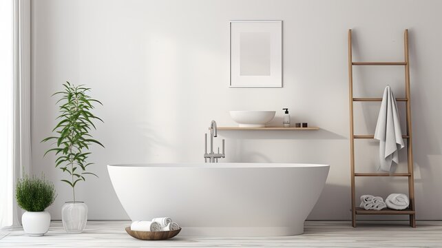 a modern white bathtub surrounded by pristine white towels and neatly placed slippers, all within a minimalist bathroom interior. The scene highlights the simplicity and elegance