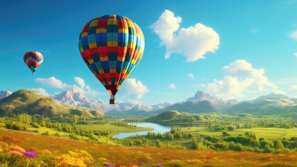 Fototapeta na wymiar a colorful hot air balloon gracefully floating over a picturesque field with a radiant blue sky as the backdrop. The scene embodies the thrill of a hot air balloon ride.
