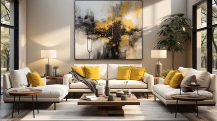 This inviting living room features cozy furniture, a warm color palette, and a beautiful painting on the wall that ties the space together and creates a homey atmosphere