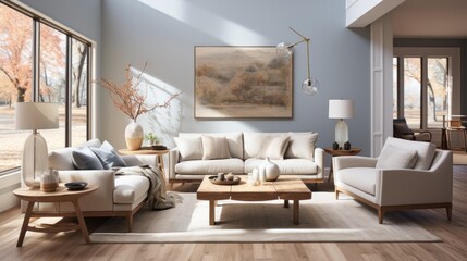 A cozy den filled with comfortable furniture and vibrant décor, featuring a couch and loveseat with plush pillows, an inviting armrest, and a charming vase atop the coffee table, all resting atop a b