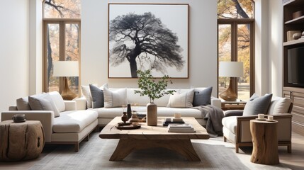 Fototapeta premium A cozy den filled with comfortable furniture, homey decor, and a large painting on the wall invites one to relax and take in the warmth of a homely atmosphere
