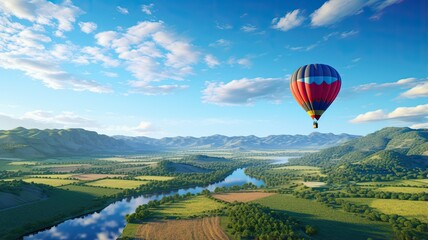 Naklejka premium a colorful hot air balloon gracefully floating over a picturesque field with a radiant blue sky as the backdrop. The scene embodies the thrill of a hot air balloon ride.