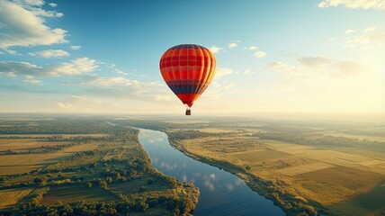 Obraz premium a colorful hot air balloon gracefully floating over a picturesque field with a radiant blue sky as the backdrop. The scene embodies the thrill of a hot air balloon ride.