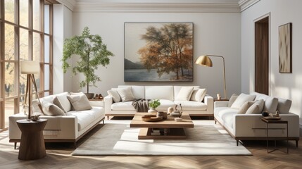 Fototapeta na wymiar This homey living room features white furniture, lush pillows, a loveseat, and an artfully placed vase, creating a cozy atmosphere perfect for relaxing and spending time with loved ones