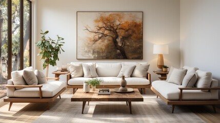 A cozy living room with an inviting couch, plush armrests, and a stunning painting on the wall evokes a sense of warmth and tranquility