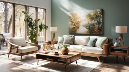 Fototapeta premium A vibrant living room with inviting furniture, a stunning wall painting, and a cozy atmosphere full of comfort and design