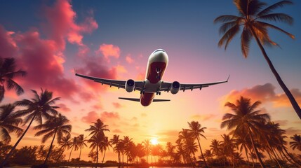 Fototapeta premium Airplane flying above palm trees in clear sunset sky with sun rays. Concept of traveling, vacation and travel by air transport. Beautiful sky background