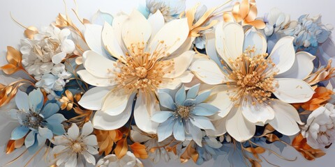 Delicate watercolor flowers bloom on canvas, their petals adorned with intricate gold and silver accents, fusing natural beauty with hints of metallic elegance. - obrazy, fototapety, plakaty