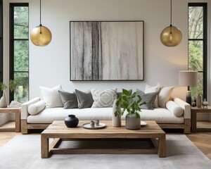 A cozy den with a luxurious sofa, armrests, and a coffee table, adorned with vibrant pillows and a vase of flowers, captures the perfect balance between stylish design and homey comfort