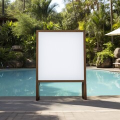 Blank billboard near swimming pool with palm trees on background. Mock up. 