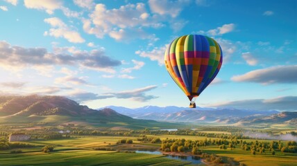 Fototapeta premium a colorful hot air balloon gracefully floating over a picturesque field with a radiant blue sky as the backdrop. The scene embodies the thrill of a hot air balloon ride.