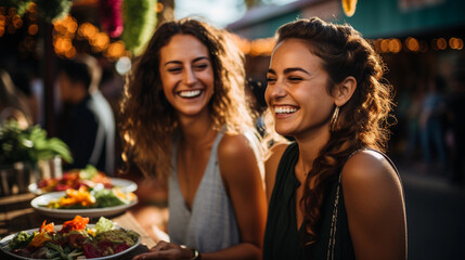 Beautiful happy women eating mexican streetfood on a mexican street with a blurry background