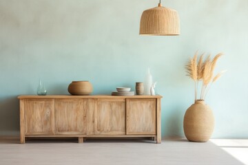 A vibrant vase standing atop a finely crafted wooden cabinet fills the room with an inviting warmth, adding a touch of elegant design to the walls of any indoor space