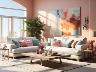 A cozy living room boasting a warm and inviting atmosphere with its loveseat sofa, plush cushions, armrests, coffee table, and vibrant vase, all placed beneath a bright window that illuminates the be