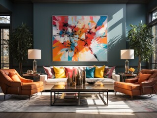 A cozy living room adorned with tasteful furniture, a loveseat, and a stunning painting on the wall that creates an inviting and stylish atmosphere