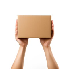 Female hands holding a brown cardboard box, isolated on white background. Delivery concept.
