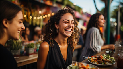 Beautiful happy women eating mexican streetfood on a mexican street with a blurry background