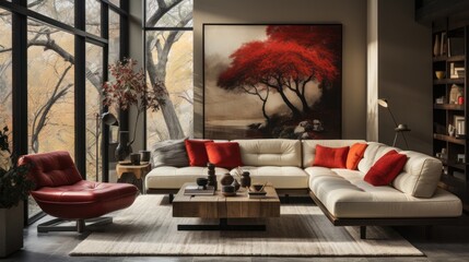 A cozy den with a bright red sofa, loveseat, and furniture surrounded by a lush houseplant, vibrant wall art of a tree, and a variety of decorative vases and flowerpots, creating an inviting and styl