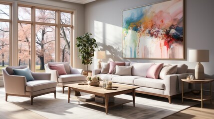 The cozy den, furnished with a plush couch and loveseat surrounded by cushions, a vibrant vase and artful table, is warmed by the inviting design of the large painting on the wall, creating a perfect