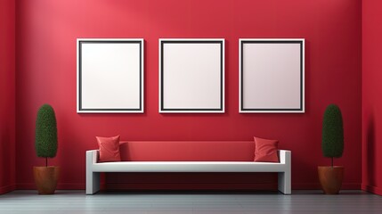 Gallery interior with empty frames on the wall, 3d render illustration. Interior design of modern office with glass wall and art exhibition. Art gallery interior with blank poster on wall. Mock up.