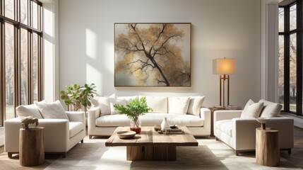 This minimalist yet inviting living room features a modern design of white furniture, soft cushions, and an eye-catching painting on the wall, creating a cozy atmosphere perfect for relaxing